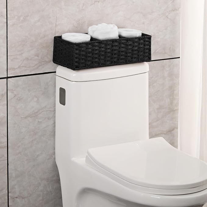 3 Section Wicker Storage Basket, Hand-Woven Paper Rope Wicker Baskets for Organizing, Toilet Tank Basket, Black Baskets for Bathroom, 2-Pack, Black - Image 3