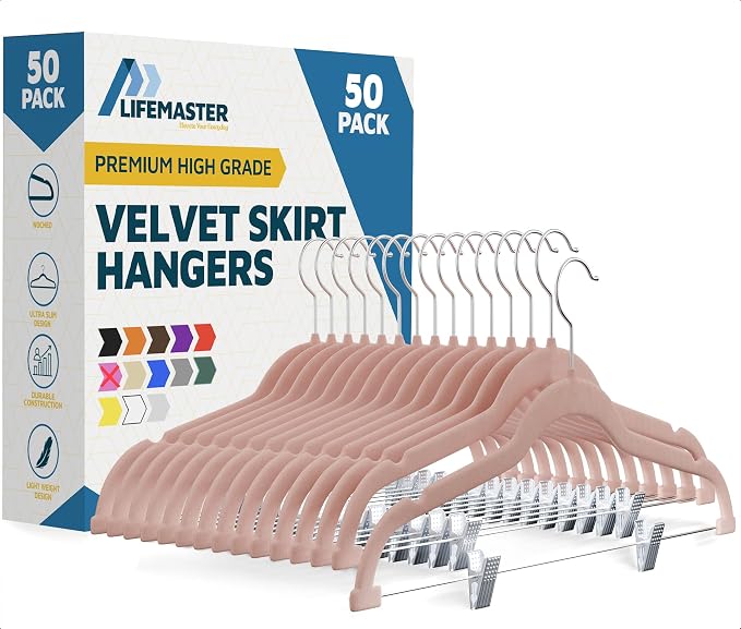 Lifemaster Velvet Pants Hangers – with Adjustable Clips, 360 Degree Swivel Hook, and Non-Slip Shoulder Notch, Holds Up to 10 lbs, for Organizing Skirt, Pants, Dress, and Clothes, Pack of 50, Pink by LIFEMASTER