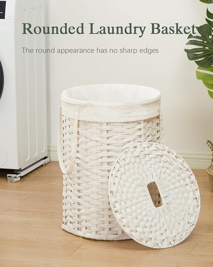 SETVSON Laundry Hamper with Lid Laundry Basket with Lid 72L, White | 19 Gal Round PE Rattan Hamper with Lid, Removable Washable Liner Bag, 2 Mesh Wash Bags, Steel Frame, Handles - Image 2