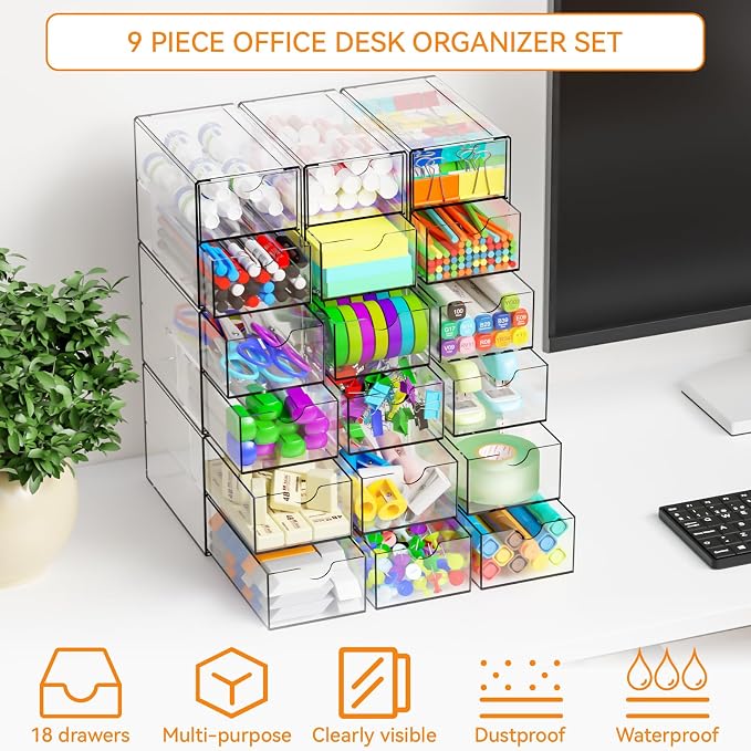 9 Pack Small Acrylic Drawers With 18 Drawers,Clear Drawer Organizers Stackable,School,Office Supplies Organizer And Storage Bins for Stationery,Pen,Pencil,Craft,Glasses,Sunglass Organizer Case - Image 4