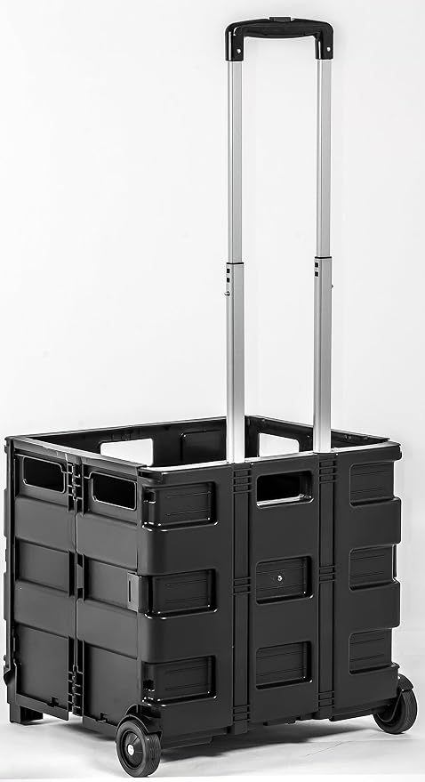 dbest Products Quik Cart Without Lid Collapsible Rolling Crate - Black | with Wheels, Roll Up to 80 lbs Capacity, Heavy Duty Plastic Construction, Telescoping Handle, Portable Handcart - Image 2