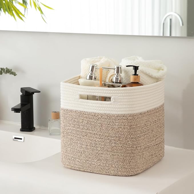 OIAHOMY Cube Storage Basket, 3-Pack Woven Cotton Rope Baskets, 11-Inch Cube Basket with Handles, Great for Shelves, Closets, Children's Toy Organization - White & Brown - Image 5