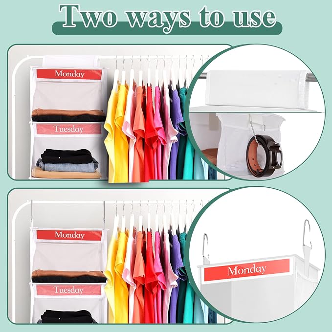 2 Pack 6 Shelf Weekly Clothes Organizer for Kids with Side Pocket, 47 Inch Days of the Week Clothes Organizer, Monday to Friday Daily School Outfits Clothing Divider for Kids(White) - Image 6