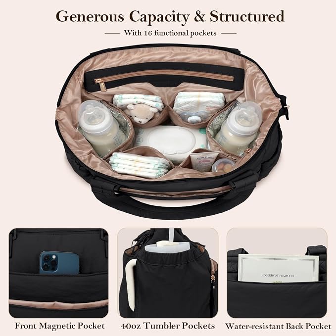 MOMINSIDE Diaper Bag Tote with Changing Station Convertible Diaper Bag Backpack Tote pañaleras para bebe Large Baby Bag, Hospital Bag Mommy Bag Travel Diaper Bag for Mom, 16 Pockets, Black - Image 3