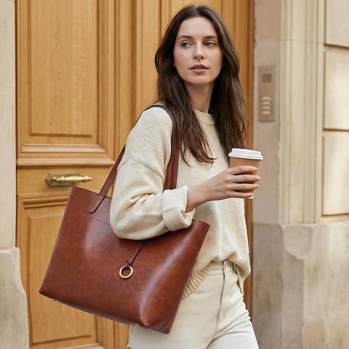 Kattee Vintage Genuine Leather Work Tote for Women | Spacious interior with a zip compartment for organized work, travel, and everyday essentials. - Image 2