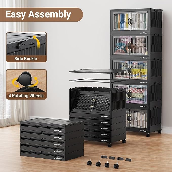 BROVIEW 320Qt Stackable Storage Bins with Lid, Extra Large Closet Organizer Collapsible Drawer Boxes with Wheels, Folding Plastic Cabinet Containers for Home Kitchen Room Organization, 4Pack Black - Image 7