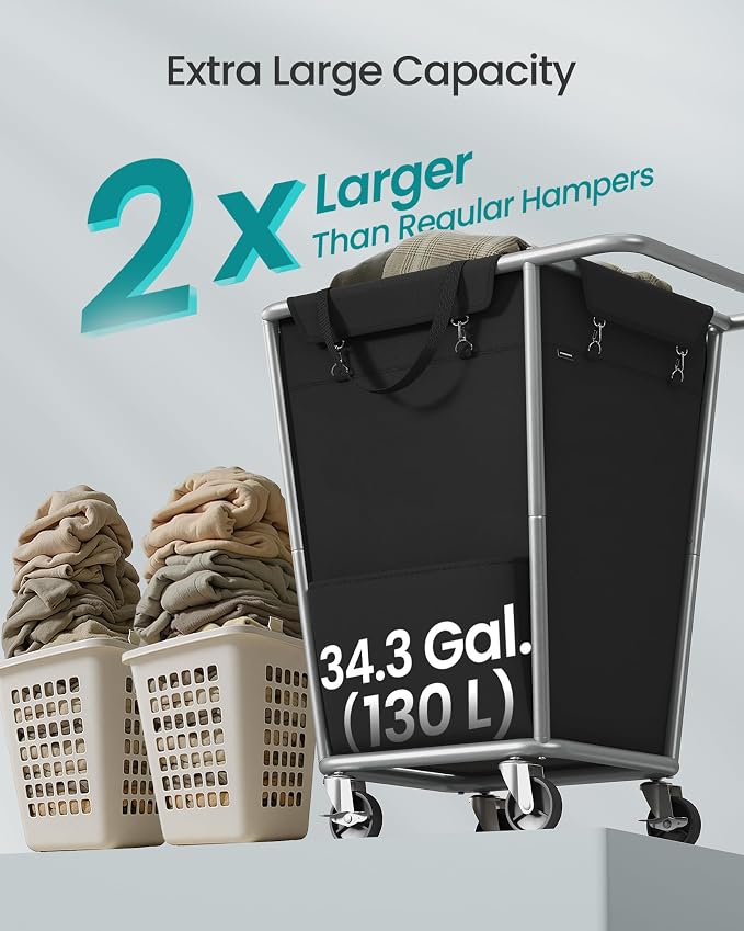 SONGMICS Laundry Basket with Wheels, 34.3 Gallons (130 L) Rolling Laundry Hamper with Removable Bag, Heavy-Duty Steel Frame, Ink Black URLS008B01 - Image 3