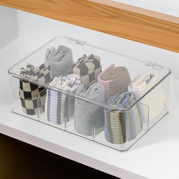 ZEXALOR Plastic Clear Storage Containers, Set of 2 Tea Bag Organizer Boxes 8 Compartments with Lids, Underwear Tie Drawer Organizer, Dresser Organizer (10.8×7×3.7") - Image 4