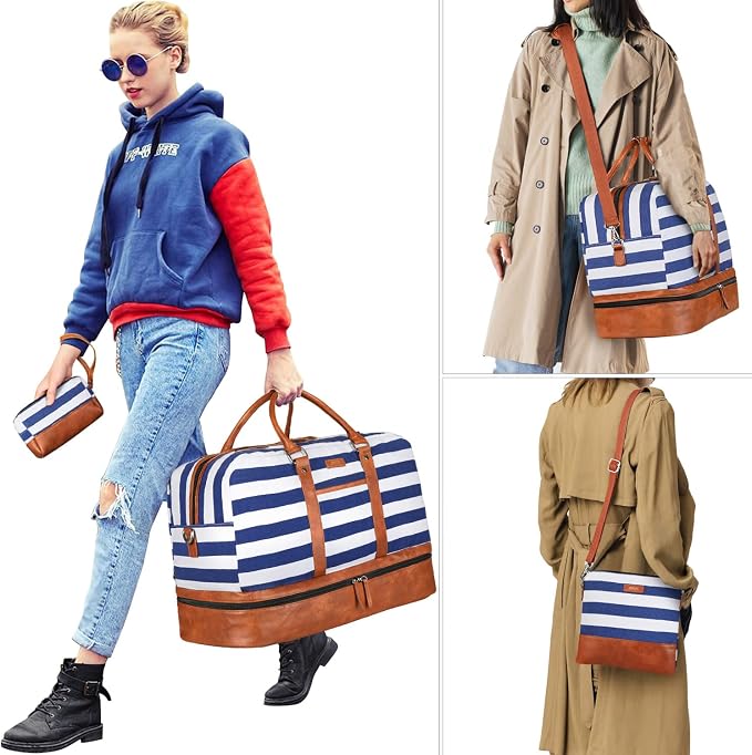 Weekender Bag for Women, Large Overnight Bag Canvas Travel Duffel Bag Carry On Tote with Shoe Compartment 21" 3Pcs Set - Image 6