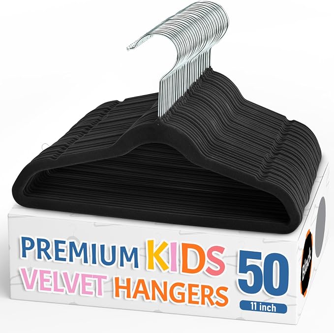 Premium 11 Inch Baby Hangers 50 Pack, Kids Velvet Hanger, Non Slip | Black Space Saving Felt Hangers Clothes Organizers for Closet with 360° Swivel Hook for Children, Infant & Toddler by Smartor