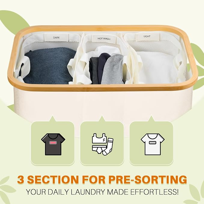 145L Laundry Hamper with Lid, 3 Section Laundry Basket with 3 Removable Bag | Clothes Hampers for Laundry with Bamboo Frame Handle, Large Dirty Clothes Hamper for Laundry Room, Bathroom, Bedroom, Beige - Image 3