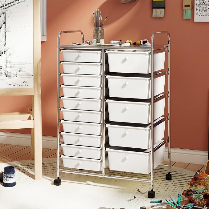 RELAX4LIFE 15-Drawer Rolling Storage Cart - Utility Cart with Metal Frame, Lockable Wheels & Removable Drawers, Multipurpose Art Craft Organizer for Home Office, Classroom (White) - Image 8