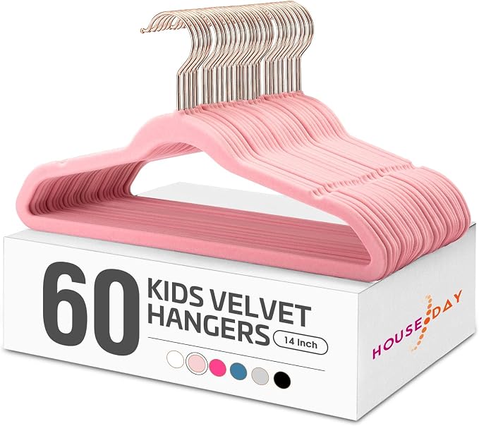 HOUSE DAY Velvet Kids Hangers 60 Pack, Premium Childrens Hangers for Closet | Blush Pink Ultra Thin Cute Clothes Hanger, Non Slip Small Felt Hanger 14 Inch for Kids Clothes +360° Swivel Rose Gold Hook by HOUSEDAY