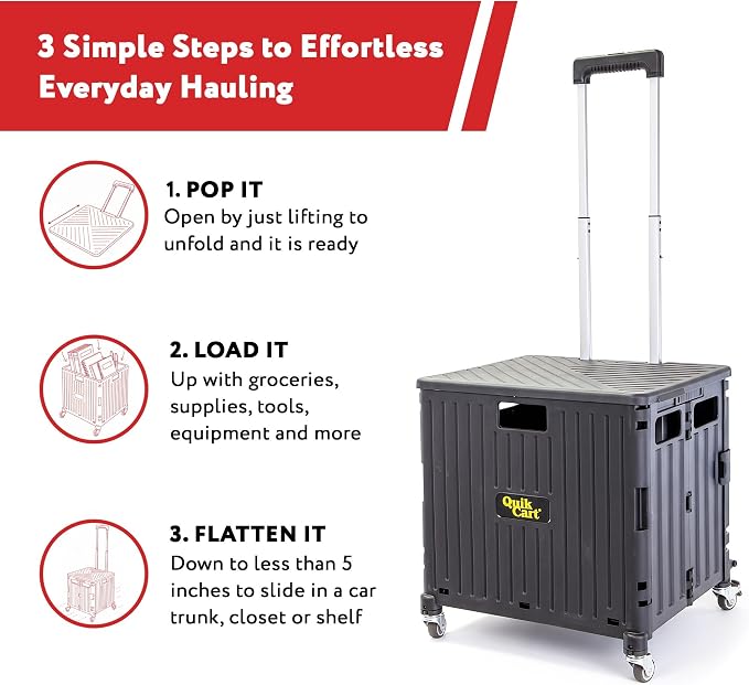 dbest Products Quik Cart 360 Collapsible Rolling Crate on Wheels - Black | 80 lbs Capacity, 360 Spinner Wheels, Telescoping Handle, Folding Portable Utility Cart with Seat - Image 4