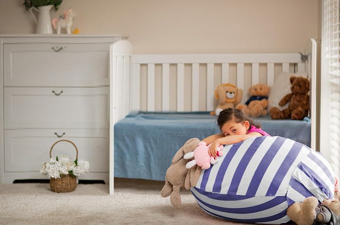 WEKAPO Stuffed Animal Storage Bean Bag Chair Cover for Kids | Stuffable Zipper Beanbag for Organizing Children Plush Toys Large Premium Cotton Canvas (Navy Strip, X-Large) - Image 7