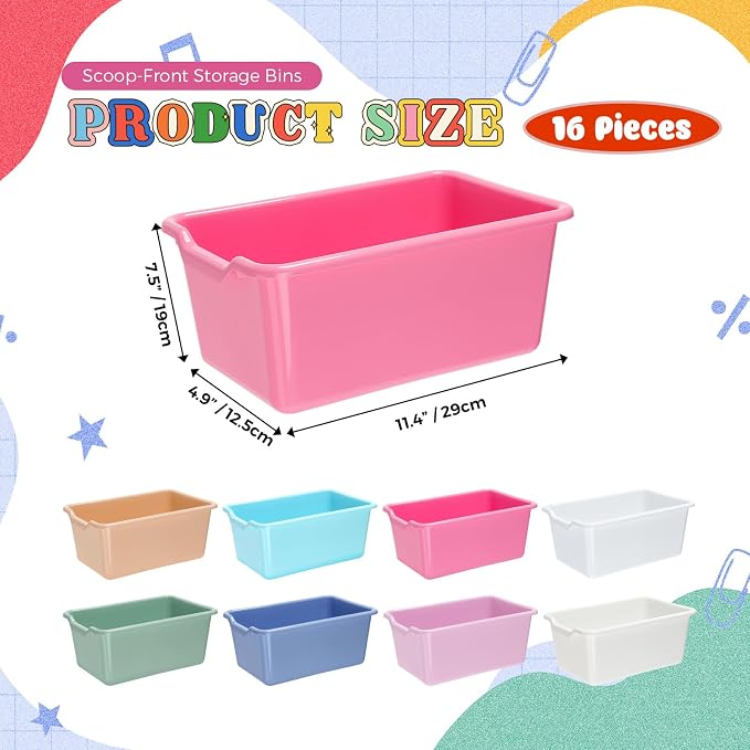 16 Pcs Cubby Bins for Classroom Plastic Book Bins,Pastel Color | Storage Bins for Classroom Library, Plastic Stackable Toy Tubs Containers for School Office Home Nursery Playroom - Image 2