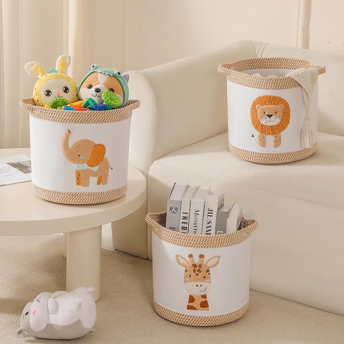 3-Piece Woven Baby Toy Baskets Laundry Hampers, Foldable Nursery Organizer for Toys Clothes Stuffed Animals, Roomy Sturdy Hampers for Baby Gift Nursery Decor Baskets Lion/Giraffe/Elephant Design - Image 3