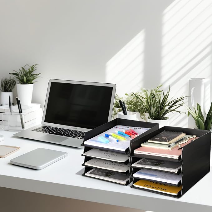 8 Pcs Stackable Paper Trays Rectangular Plastic Desk Holder Desktop Document File Organizer Storage Letter for Office Classroom (Black) - Image 6