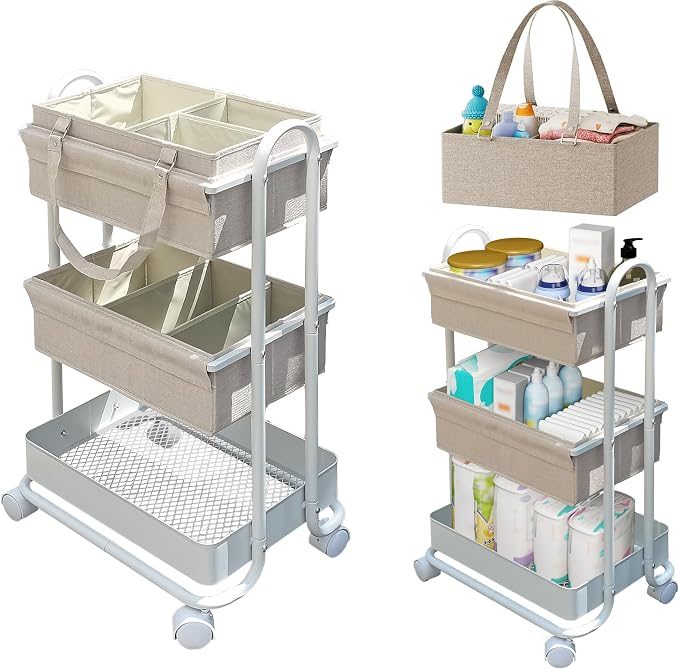 2In1 Baby Diaper Caddy Organizer with Dividers,3-Tier Diaper Rolling Cart,Mobile Metal Utility Cart for Baby Nursery,Baby Bedside Cart, Large Capacity by Elitehouse