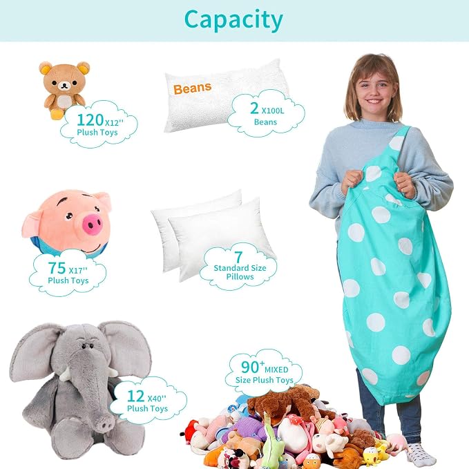 Aubliss Stuffed Animal Bean Bag Storage Chair, Beanbag Covers Only | for Organizing Plush Toys, Turns into Bean Bag Seat for Kids When Filled, Large 38"-Canvas Dot Light Aqua - Image 4