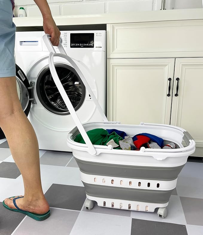 SAMMART 35L (9.24 Gallons) Collapsible Plastic Laundry Basket with Handle and Wheels - Foldable Pop Up Storage Container/Organizer with handle and wheels - Space Saving (2, White/Grey) - Image 4