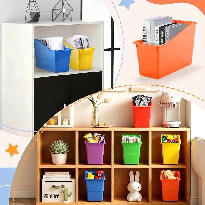 VZZNN 12 Pack Overlapping Classroom Storage Bins (Rainbow Colors) - Durable Book and Binder Holder, Plastic Vertical Storage Book Organizer Folder Classroom Organization Container Supplies - Image 4