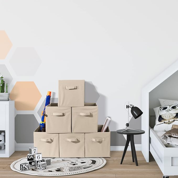 Sorbus Foldable Storage Cubes - 6 Fabric Baskets for Organizing Pantry, Closet, Shelf, Nursery, Playroom, Toy Box - 11 Inch Dual Handle Collapsible Closet Organizers and Storage Bins (Beige) - Image 7
