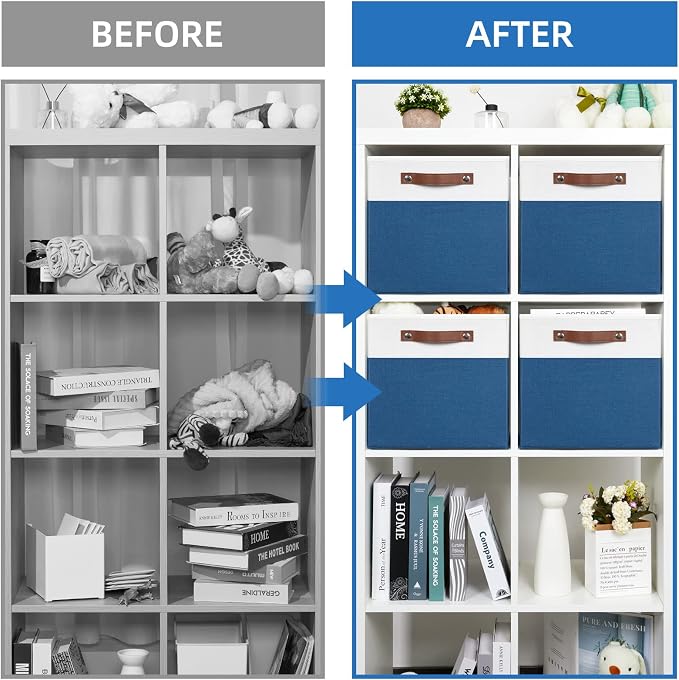 Temary Collapsible Storage Boxes - 12x12 Blue Cube Storage Bins with Handles for Organizing Home, White&Blue - Image 6