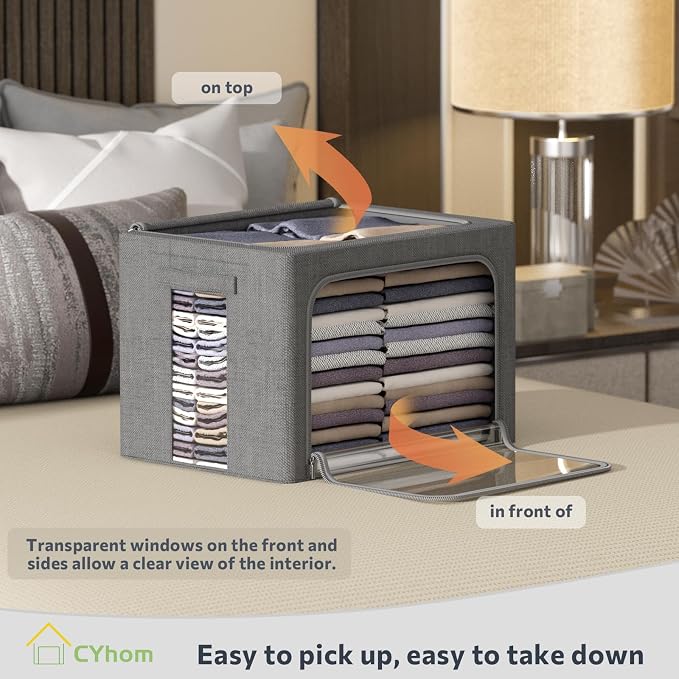 Clothes Storage Bins Box - Linen Fabric Foldable Stackable Container Organizer Set with Clear Window & Carry Handles & Metal Frame - 2Pack Large Capacity for Bedding, Blankets, Books - Image 2