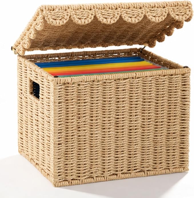 Jingmore File Organizer Box with Scalloped Lid, Paper Rope, Brown | Portable Storage Box Collapsible Letter Hanging Filing Organizer Basket for Office/home, Woven Wicker Decorative Document Box by Jingmore