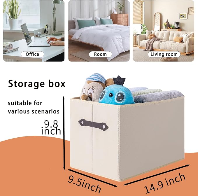 1 Pack Large Collapsible Storage Baskets for Shelves,14.9"x9.5" Fabric Closet storage Boxes with Leather Handles,Decorative Organizers Storage Bins for Clothes,Sheets,Toys,Books,Creamy-White - Image 2