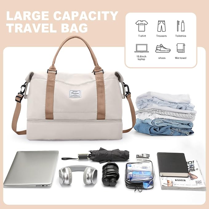 Weekender Bags for Women, Travel Duffel Bags with Shoe Compartment,Personal Item Travel Bag for Airlines, Carry on Overnight Tote Bag for Women with Toiletry Bag，Beige&Brown - Image 4