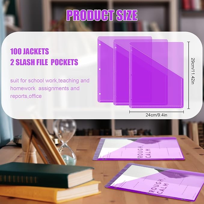 Seajan 100 Pcs Binder Pocket Folders, Clear 3 Ring Binder, Purple | Plastic Folders Sleeves with 2 Pockets, Poly Slash File Jackets, 3 Hole Punched Dividers for School, Office, Documents - Image 2