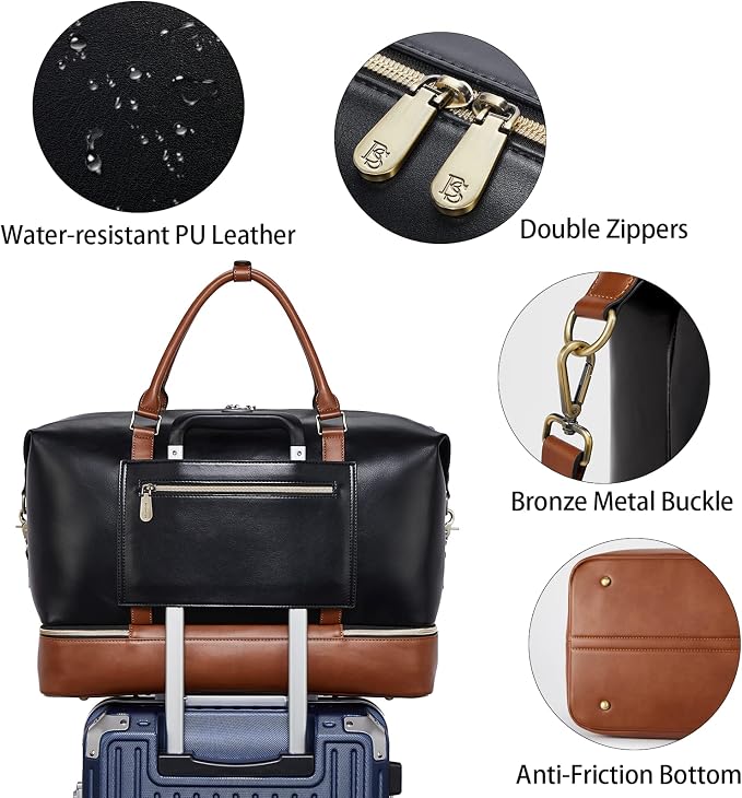 BOSTANTEN Weekender Bags for Women Leather Travel Duffle Bag | Shoe Compartment, Trolley Sleeve, Fits Under-seat, Airline-Friendly Carry-on Size, Weekend Getaways, Overnight, Road Trip - Image 5