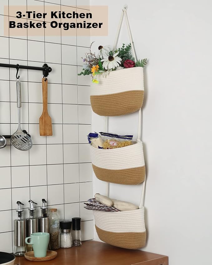 Over the Door Organizer, Honizer Wall Hanging Storage Basket, 3-Tier Cotton Rope Woven Hanging Baskets for Organizing, Nursery, Bedroom, Bathroom, Living Room- Jute&White (3 Hooks included) - Image 3
