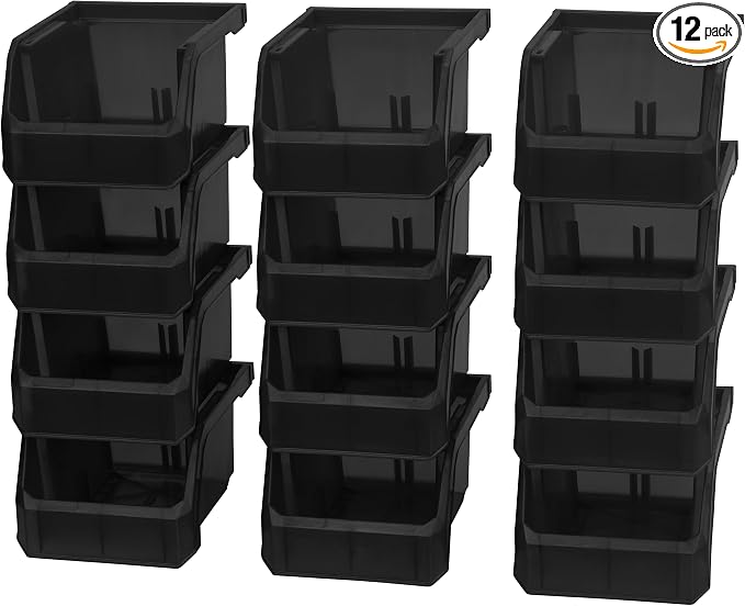 Extra-Small Stackable Plastic Storage Bins, 12-Pack, Black | Open-Front Stackable Bins For Garage, Pantry, Closet & Office, 5"L X 4"W X 3"H, Nests When Empty, Durable Plastic by Akro-Mils