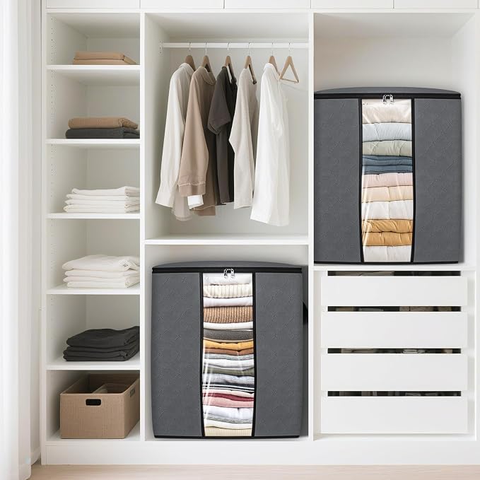 6 Pack Clothes Storage Bags 80L Blanket Storage Containers with Window Grey | Large Comforter Organizer for Closet, Bedding, Quilts, Sheets and Pillows, Foldable Storage Bags for Home Organization - Image 7