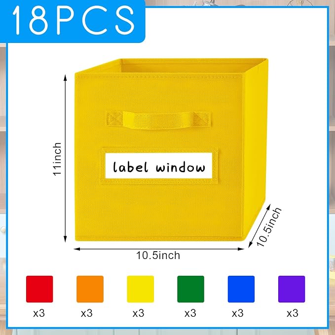 FillTouch 18pcs 11 Inch Fabric Storage Cubes Sturdy Colorful Cube Storage Bins with Label Window Handle Foldable Baskets for Kids Organizing Clothes, Toys, Books(School Color) - Image 2
