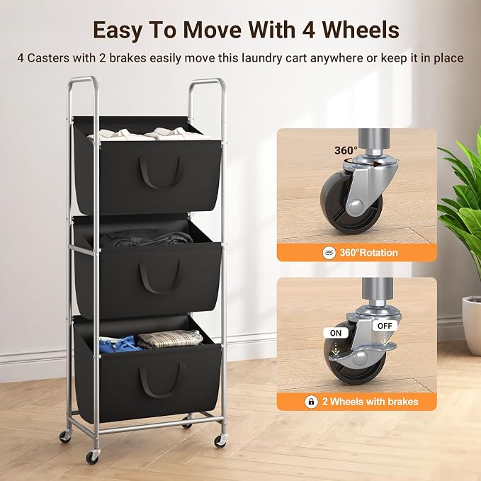 ELYKEN 3-Tier Vertical Rolling Laundry Hamper with Wheels & Removable Bags | 120L Capacity, Space-Saving Design, Locking Casters, 3 Section Laundry Sorter for Apartments, Small Spaces, Closet, Dorm - Image 7
