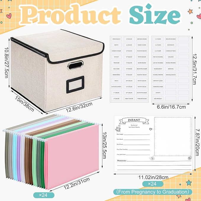 School Memory Organizer Box Kit K-12 School Year Memory Keepsake with 24 Different Memorys Questionnaire 24 Hanging File Folder 2 Label for Kid Storage Picture File Keeper(Neutral,Beige,Linen) - Image 3