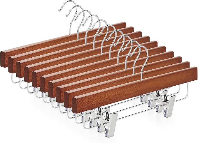 TOPIA HANGER Lotus Wood Pants Hangers, Walnut Wooden Skirt Short Jeans Trouser Hanger with Smooth Surface 360° Swivel Hook Anti Rust 2 Adjustable Clips, 10 Pack CT10PWA by TOPIAHANGER
