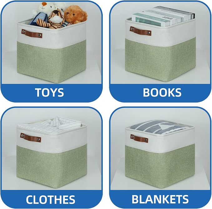 Temary Fabric Storage Bins for Organizing Clothes, Closet Baskets with Handles - Decorative Storage Boxes for Home (White & Green, 12 Inch, 4 Pack) - Image 4