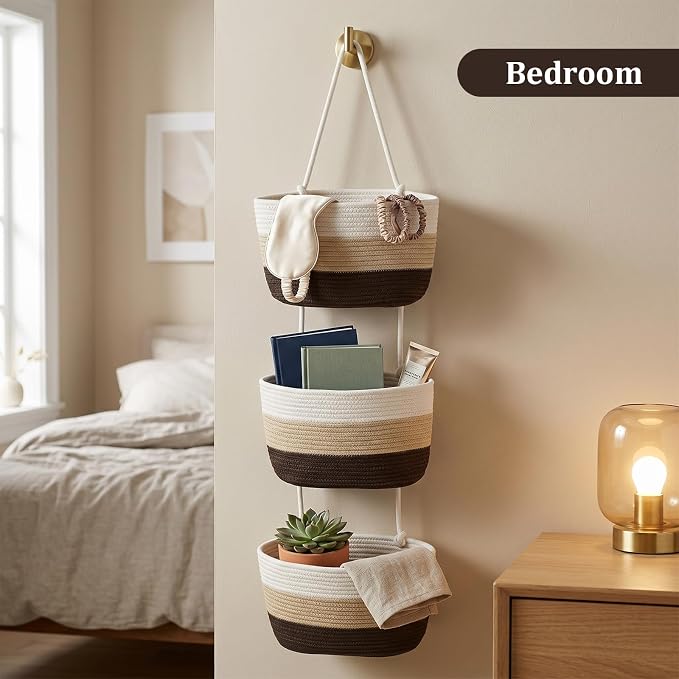 TeoKJ Over the Door Hanging Basket, 3-Tier Woven Cotton Wall-Mounted Storage Organizer Bag Decorative Hanging Nursery Baskets，Gradient Brown - Image 6
