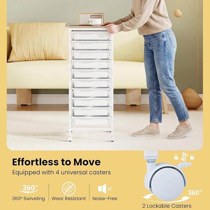 GOFLAME 10-Drawer Rolling Storage Cart, Craft Storage Cart with Wooden Tabletop and Lockable Wheels, Art Cart Supply Storage Organizer with Metal Frame for Home Office Classroom, White - Image 6