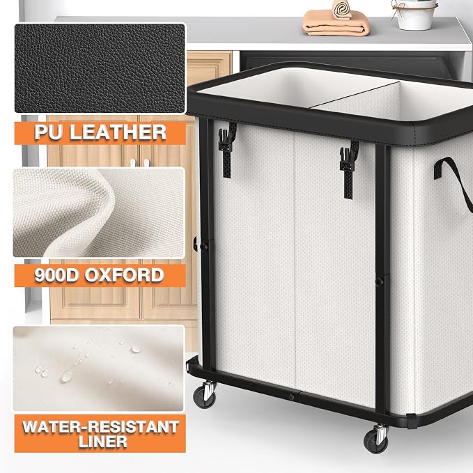 Laundry Basket with Wheels,190L (50 Gal) Laundry Hamper 2 Setion - Beige | Leather Patchwork,Sturdy Metal Frame, Removable Washable Bag, Tall Clothes Sorter for Bedroom, Laundry Room - Image 2