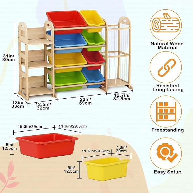Toy Storage Organizer, Toy Organizers and Storage with Stuffed Animal Storage, Kids Toy Storage Shelf with 3 Shelves 8 Storage Bins, Kids Bookshelf, Toy Holder for Playrooms, Bedrooms, Multi Color - Image 2