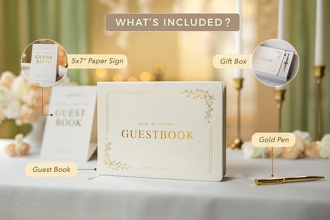 Floral Embossed Wedding Guest Book Set - 9 x 7.5 Hardcover Guestbook for Wedding Reception Sign in, Messages, Bridal Shower Engagement Party (White Cream) - Image 4