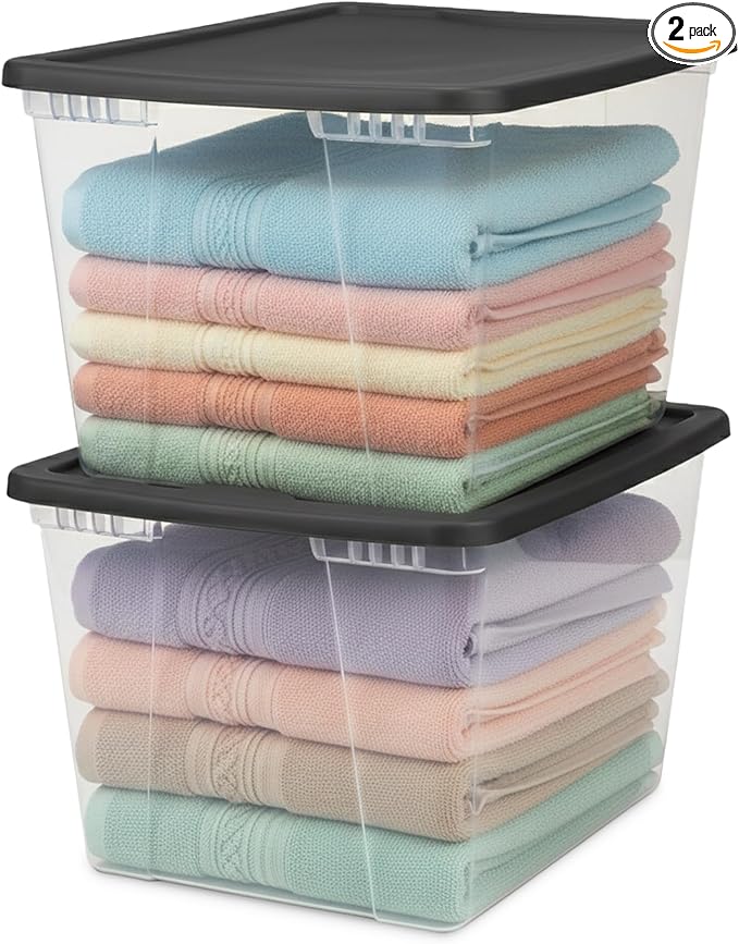 HOMZ 2-Pack Snaplock, Large Clear Plastic Storage Organizer Bins w/Lids, 56 Quart, Gray - Stackable Container Boxes for Bedroom, Bathroom, Garage, and Office Organization by Homz