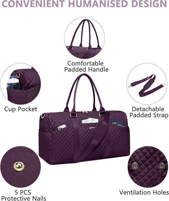 Women Weekender Travel Duffle Bag: Travel Duffel Overnight Bags with Shoe Compartment Large Carry on Tote with Toiletry Bag Weekend Traveling Yoga Gym Hospital Bag for Women with Wet Pocket Purple - Image 4