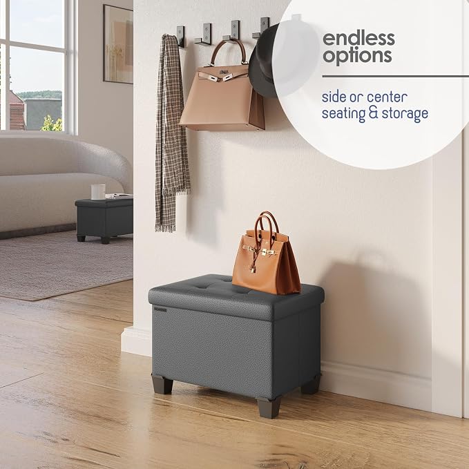 Storage Ottoman Cube with Small Bin, 16-in Square Ottoman with Storage for Living Room and Bedroom, Small Ottomans Foot Rest, Leather Foot Stools Ottomans Max 330lbs, Grey - Image 6